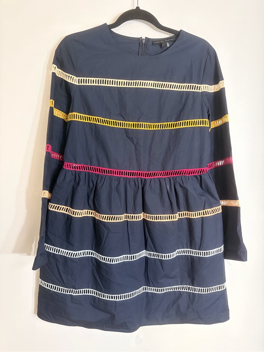 English Factory Navy Long-Sleeve Midi Dress with Multicolor Trim size Medium